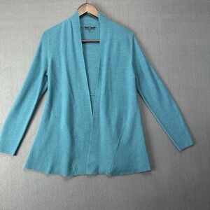 Eileen Fisher teal open front long sleeve 100% merino wool cardigan Small Petite